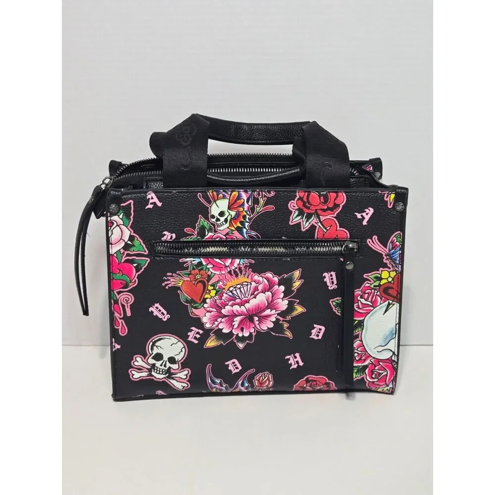 Ed Hardy Vintage Tattoo Print Satchel Bag | Black Rose Skull Y2K Handbag | EUC